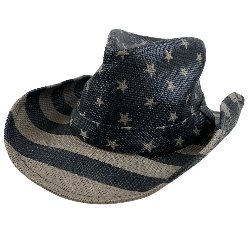 USA Flag Design Cowboy Hat‎ Khaki and Dark Gray Stripes and Stars One Size